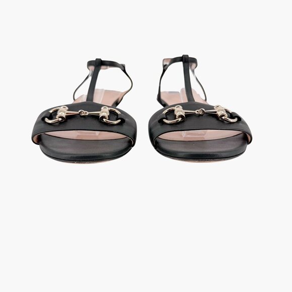 Gucci T-Strap Black Leather Horsebit Flat Sandals Shoes Size 37 US 7 Women's - Picture 5 of 13